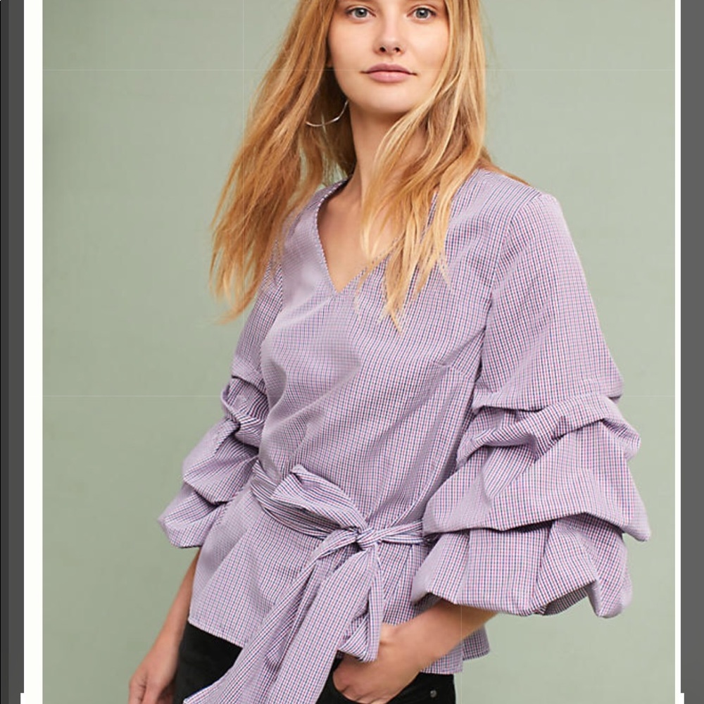 Anthropology Ruffled and Tied Gingham Blouse